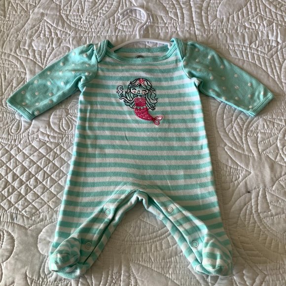 WONDER NATION Mermaid Girl's Sleeper, Turquoise & White Stripes, Size: Newborn - Picture 3 of 9
